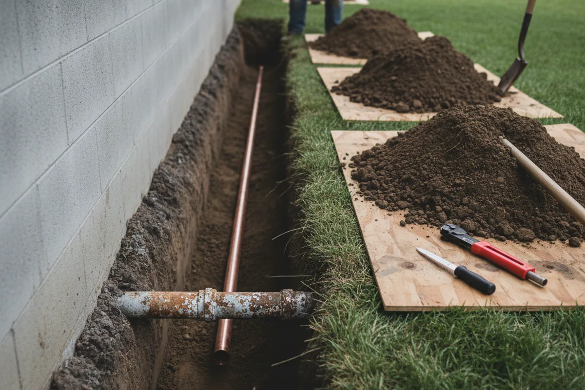 Excavated water line trench during Water Softener Installation in Assaria